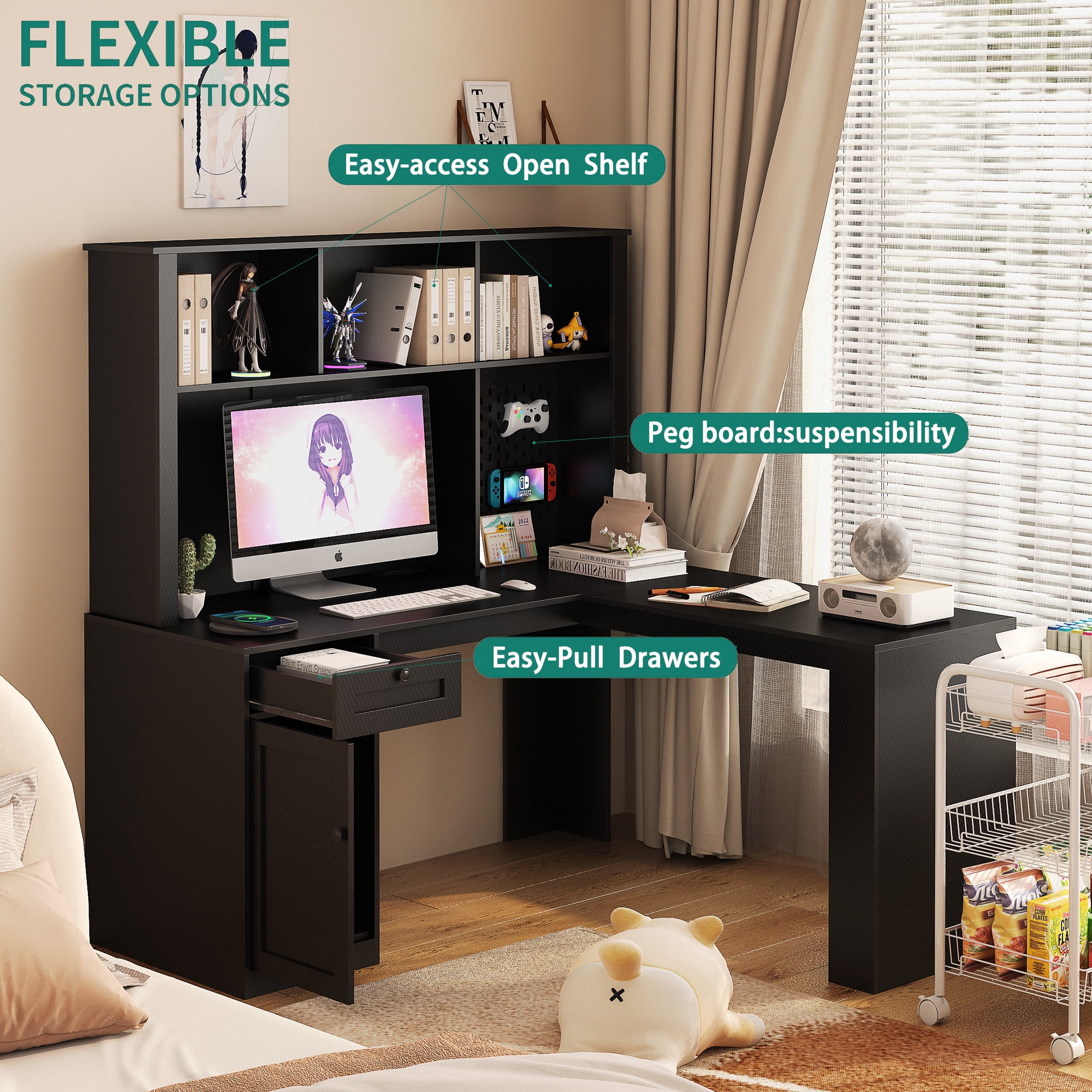 L Shaped Computer Desk with Storage Drawers, 2-IN-1 Home Office Desks with Bookshelf & Hutch & Pegboard, Modern Office Table with Outlet, Work Desk Study Desk for Home Office, Black