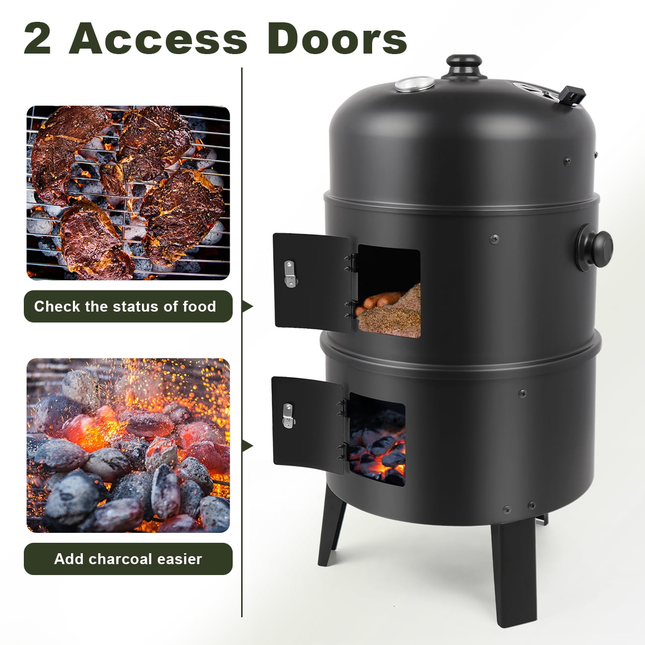 Linsen-outdoors Stainless Steel Vertical Charcoal BBQ Smoker: Versatile 3-in-1 Grill for Smoking, Roasting, and Barbecuing in Your Backyard or Outdoors