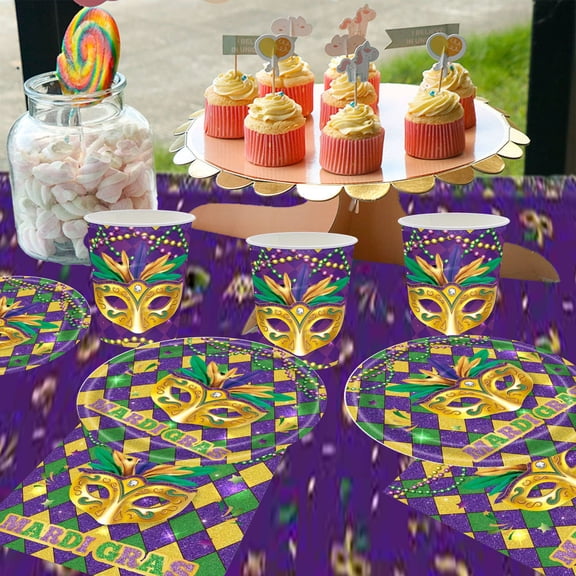 syligr Mardi Gras Party Supplies 61-Piece Disposable Tableware Set with 20 Dinner Plates 20 Cups 20 Napkins 1 Tablecover, Vibrant Purple Green Gold Themed Celebration Kit for Fat Tuesday Festival