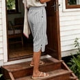 thumbnail image 6 of hoksml Women's Striped Elastic Waist Capri Pants - Cotton Linen Blend with Side Slits and Pockets, 6 of 9