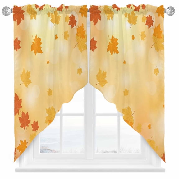 Swag Curtains Valances for Windows, Orange Fall Thanksgiving Short Kitchen Window Curtains Over Sink, Vintage Maple Leaf Cafe Curtains Panel Set Of 2,Rod Pocket, 36 Inches Length