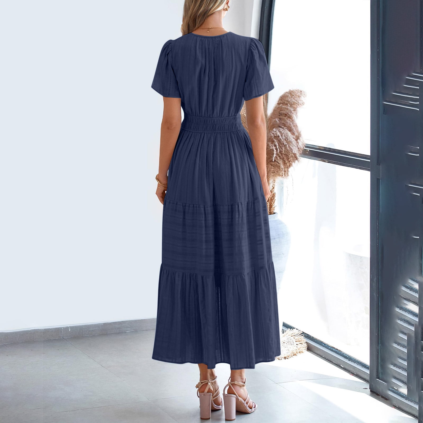 Lorytime Women's Casual Dresses V Neck Blue Summer Short Sleeve Midi Dress Pleated Tiered Hawaiian Flowy Coverup Calf Length Dresses Solid Dress Loose Vacation Fashion Clothes XL