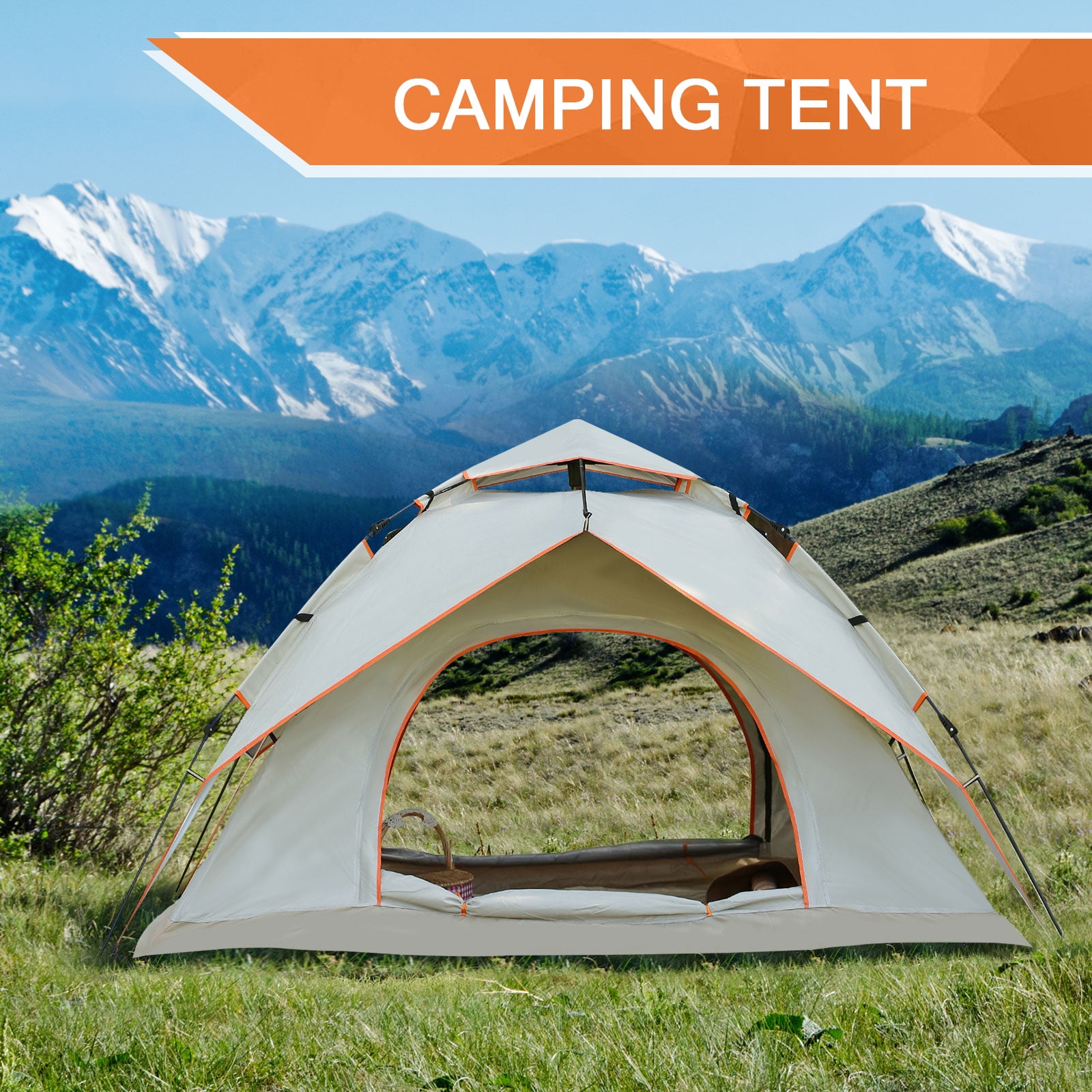 TOPCHANCES Instant Pop Up Tent 3-4 Person Family Camping Tent Easy Set Up Tent Portable Waterproof Dome Tent with Camping Lamp for Camping Hiking & Traveling, Beige #B