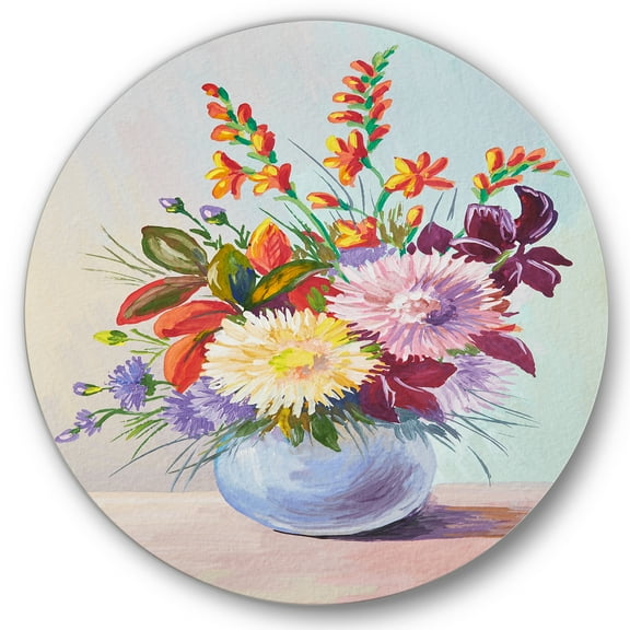 Designart 'Still Life With Asters On Colorful Flowers In Vase' Traditional Circle Metal Wall Art 36x36 - Disc of 36