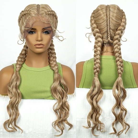 Synthetic Braided Wigs with Curly Wave for Women Lace Frontal Twist Braids Wig with Baby Hair for Girls 30 Inches (27/613 Color)