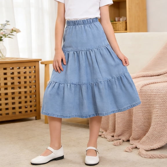 Cethrio Girls Midi Skirts Size 10-12, Ruffled High-waisted Summer A-Line Faux Denim Skirts Blue