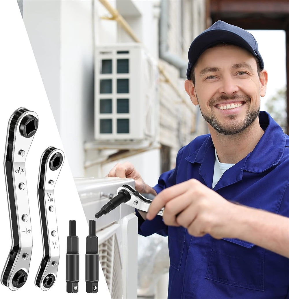 Hvac Service Wrench, Refrigeration Service Wrench Set, 3/8” to 1/4”, 5/16'' x 1/4'' Ratcheting Service Wrench with Hex Bit Adapter for Air Conditioning, Refrigeration Equipment,Equipment Repair