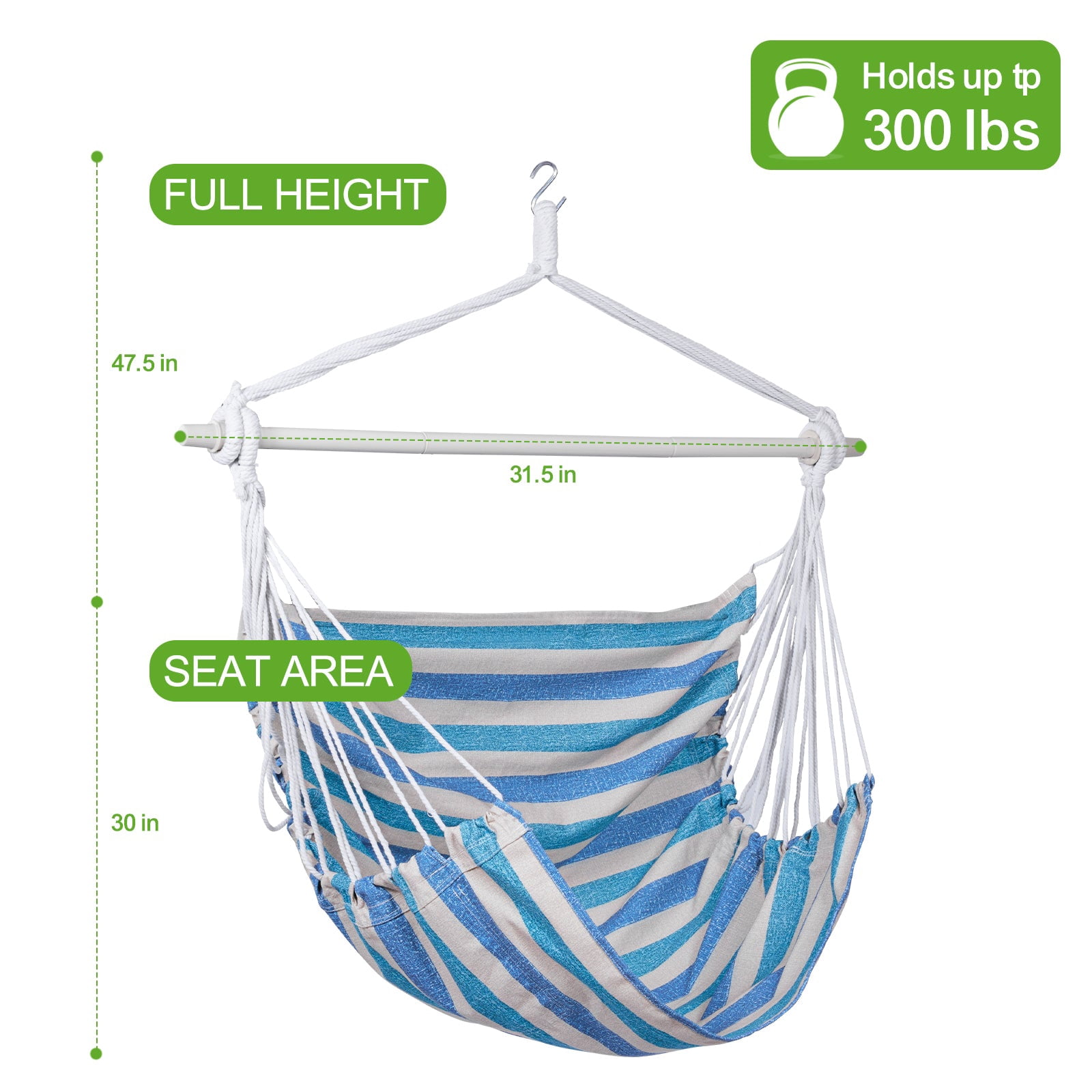 Backyard Expressions Striped Hammock Chair Hanging Rope Swing Chair, Anti Slip Steel Spreader Bar