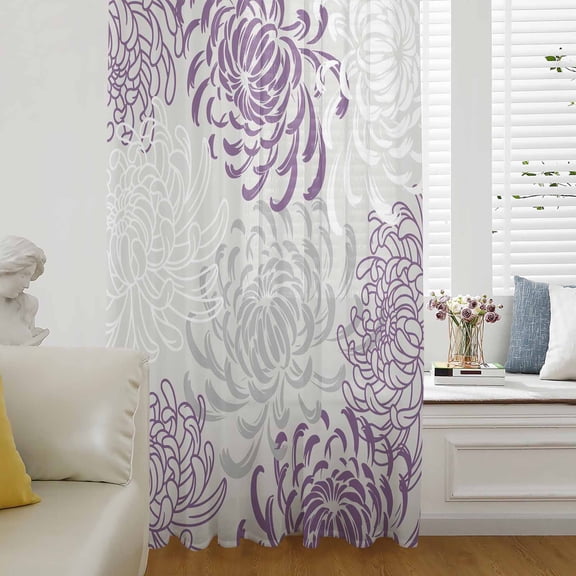 Purple White Sheer Curtains 45 Inch Length, Light Filtering Voile Curtain Panel, Abstract Grey Chrysanthemum Flower Floral Rod Pocket Drapes Window Treatments for Living Room Bedroom 52"x45"