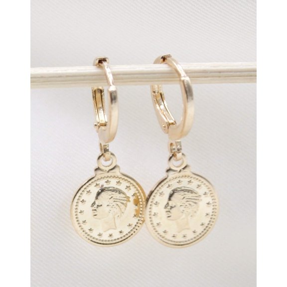 18K Gold Filled Coin Charm Dainty Dangle Hoop Dangle Earring (L336)