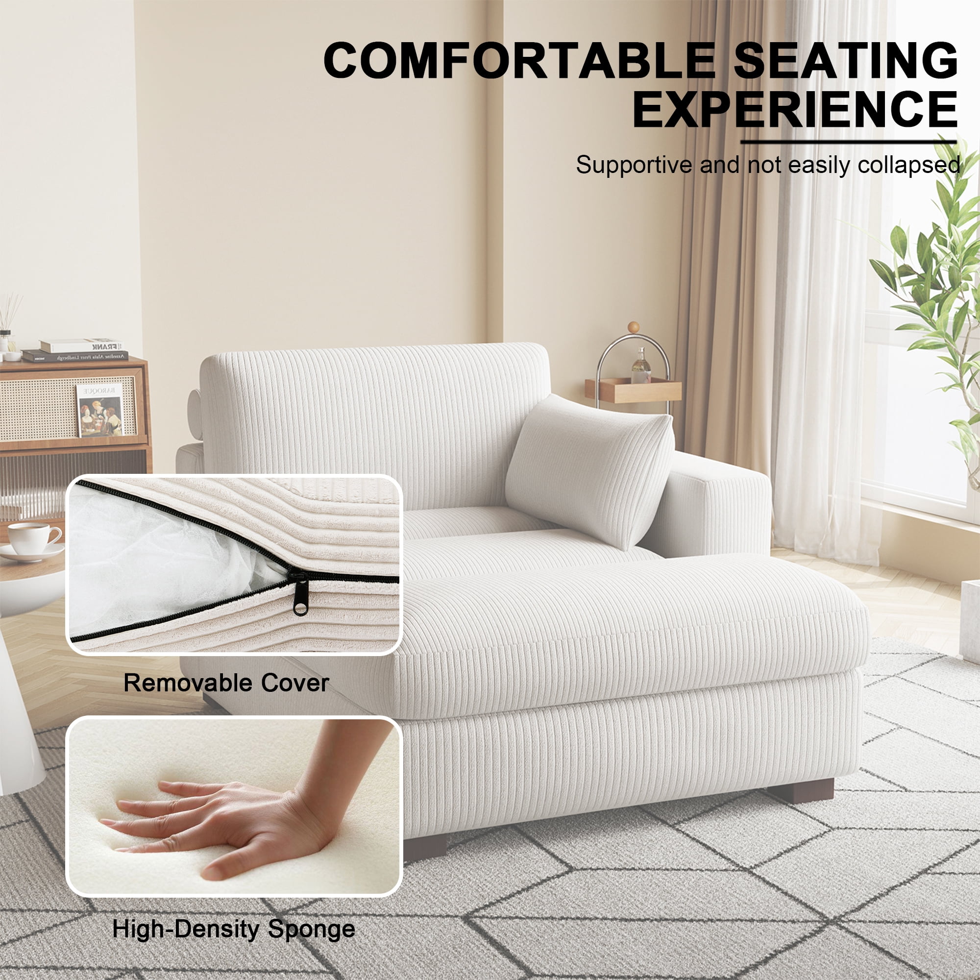UIXE Chaise Lounge Indoor Upholstered Corduroy Sofa with Left Armrest for Living Room Bedroom, Beige