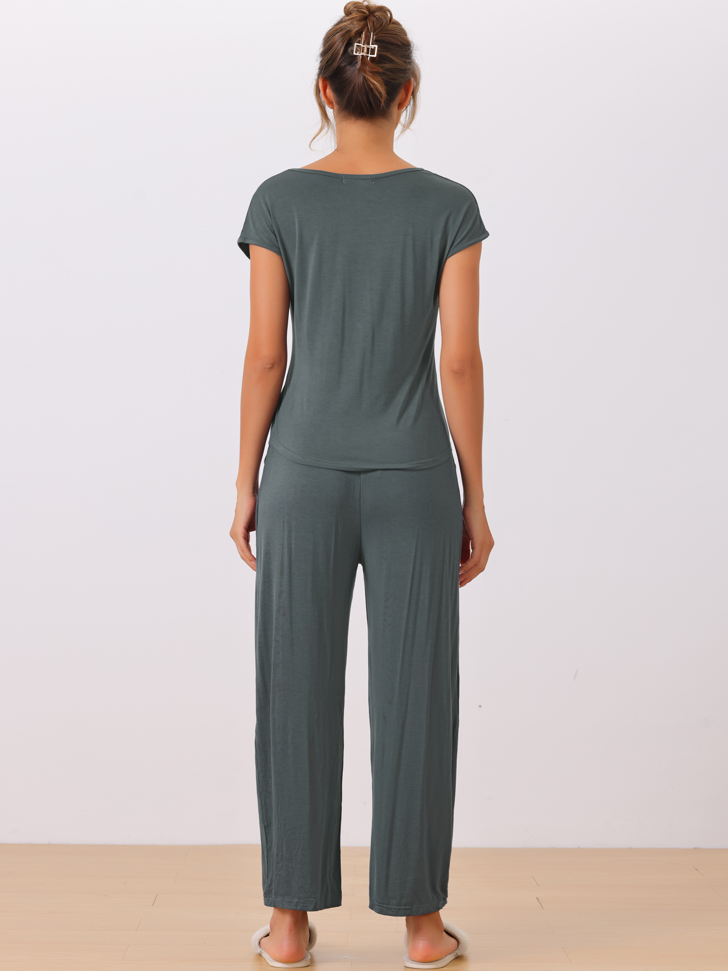 DARING DIVA Women's Short Sleeve Pajama Set Loungewear Long Pants Sweatsuit L Deep Grey