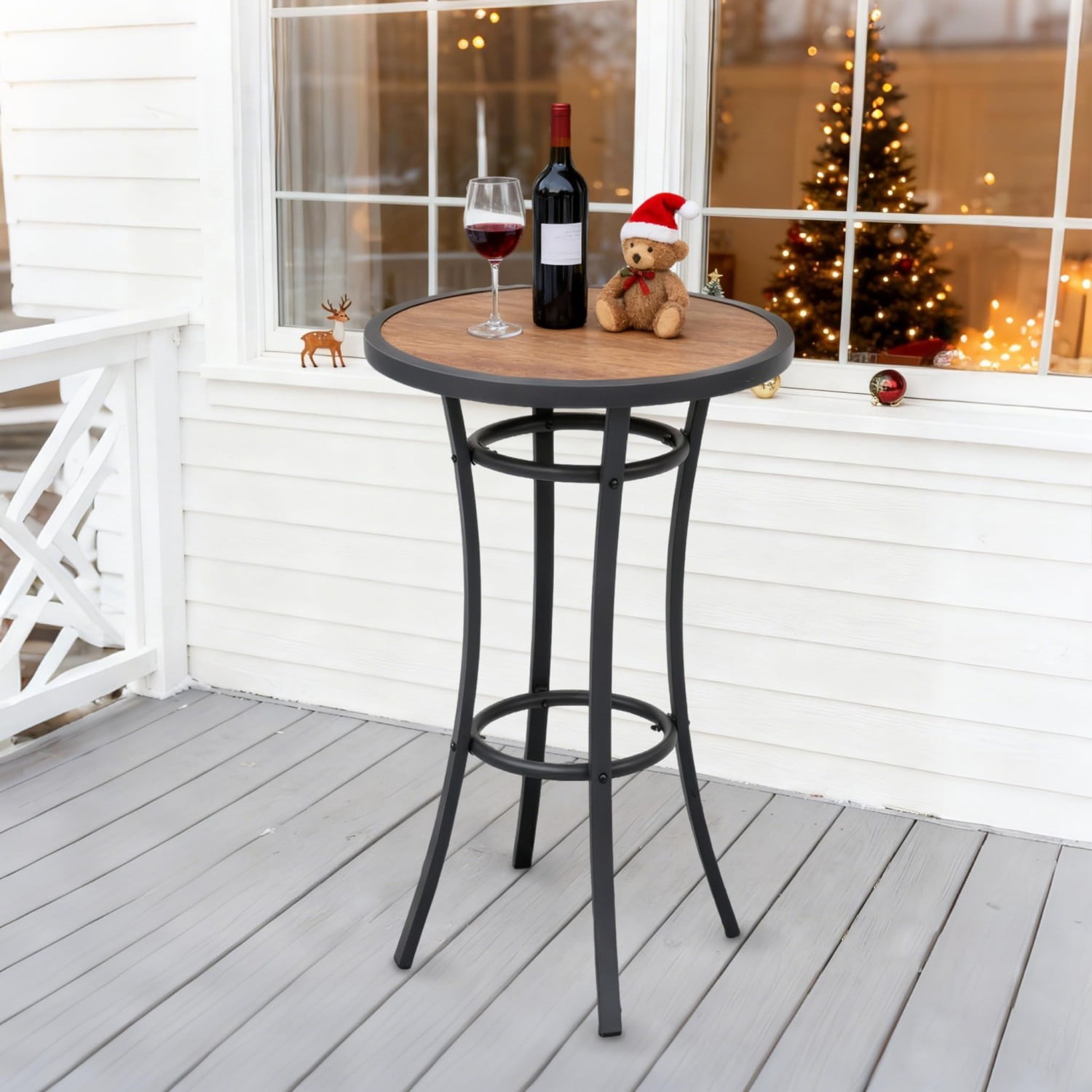 Bar Height Patio Table 40 Inch, Outdoor Bistro Pub Table with Wood-Like Top & Metal Frame, Round High Top Table for Patio Deck Balcony, Brown