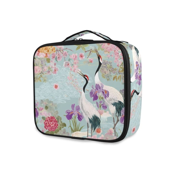 FORMRS Travel Makeup Bag Large Capacity Train Case Cosmetic Organizer with Adjustable Dividers, Green Floral Cranes Pattern