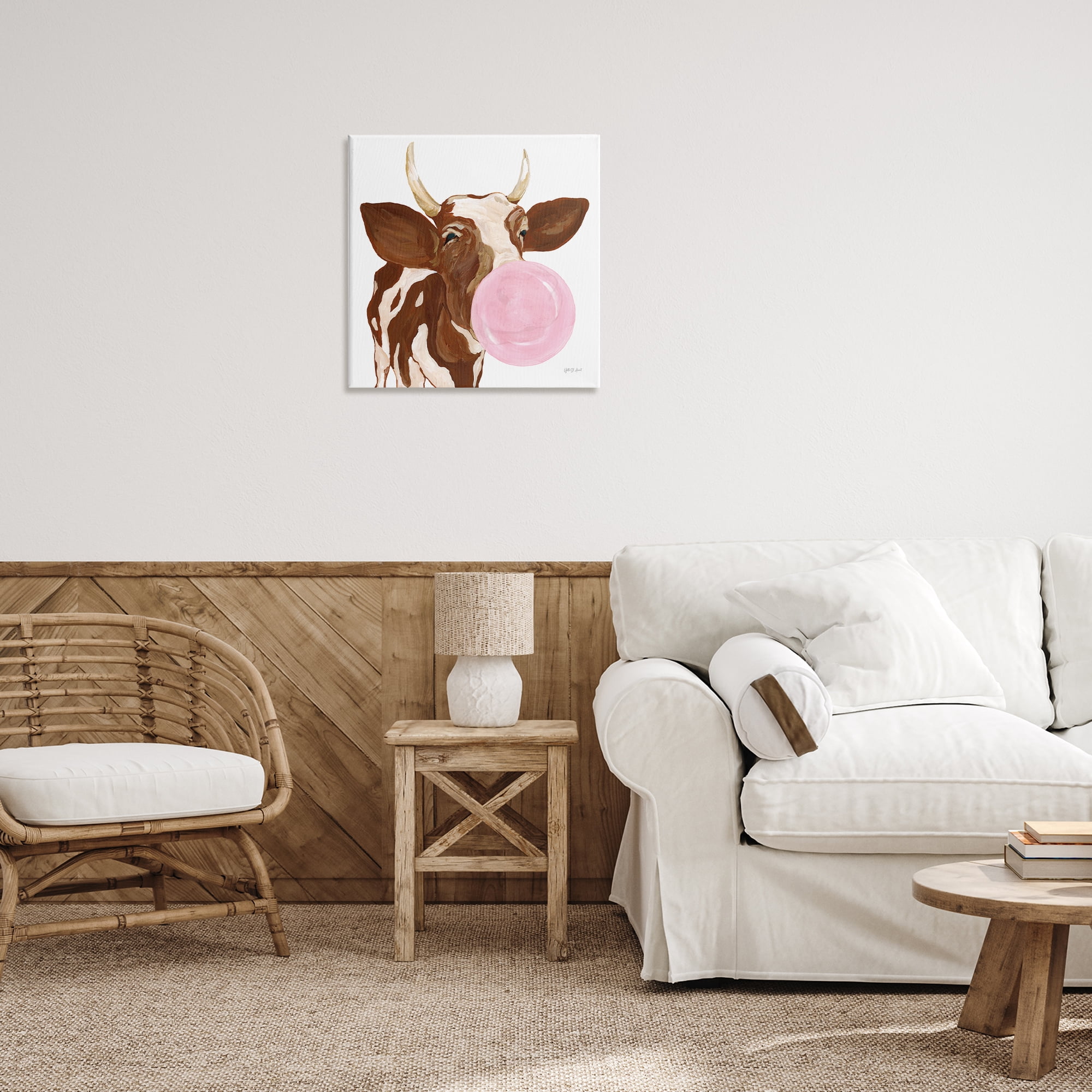 Stupell Industries Happy Bubblegum Cow Animals Painting Wrapped Canvas Art Print Wall Art, 24 x 24