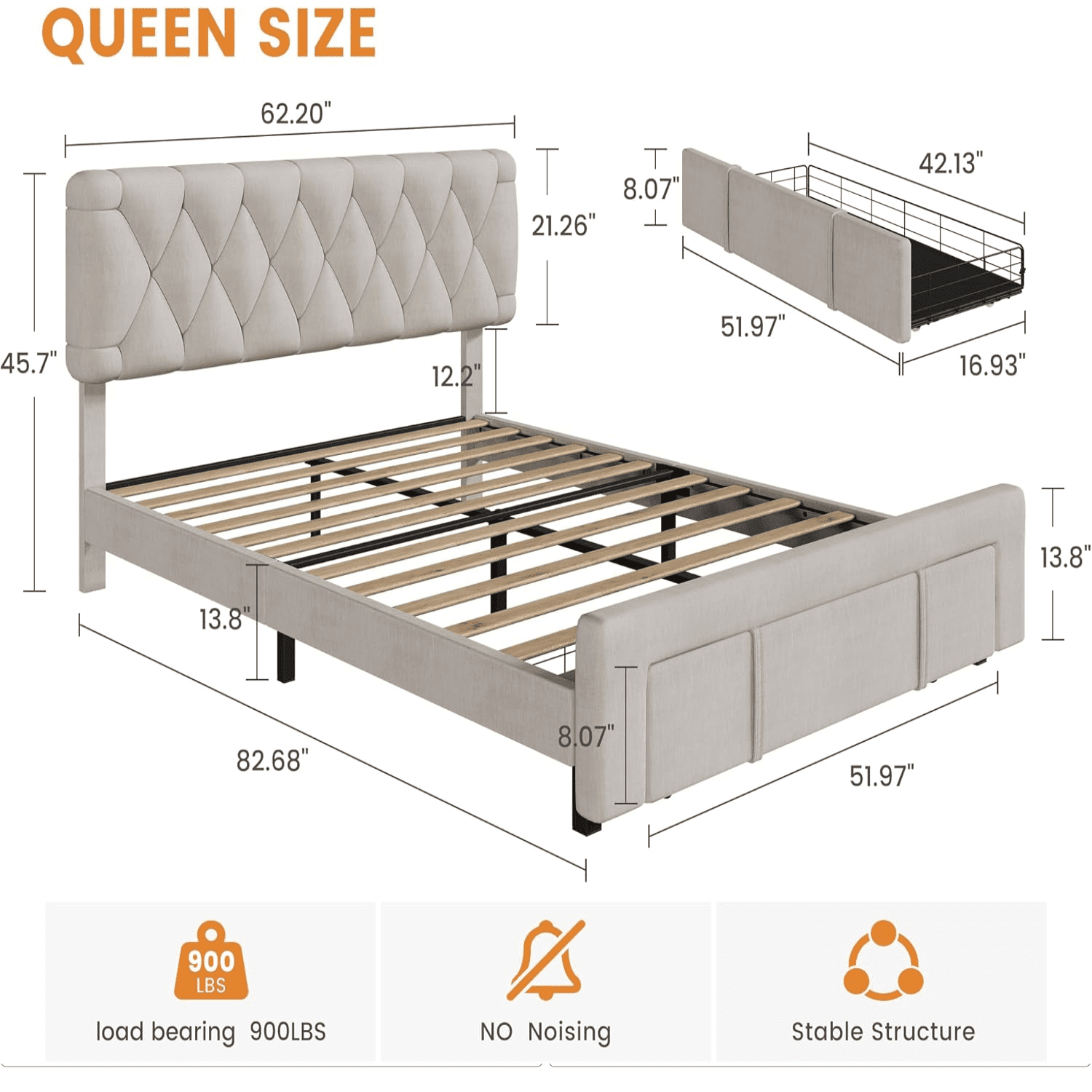 Full/Queen/King Size Bed Frame 2 Storage Drawers,Modren Upholstered Platform Bed Frame with Solid Wooden Slats Supports,No Box Spring Needed