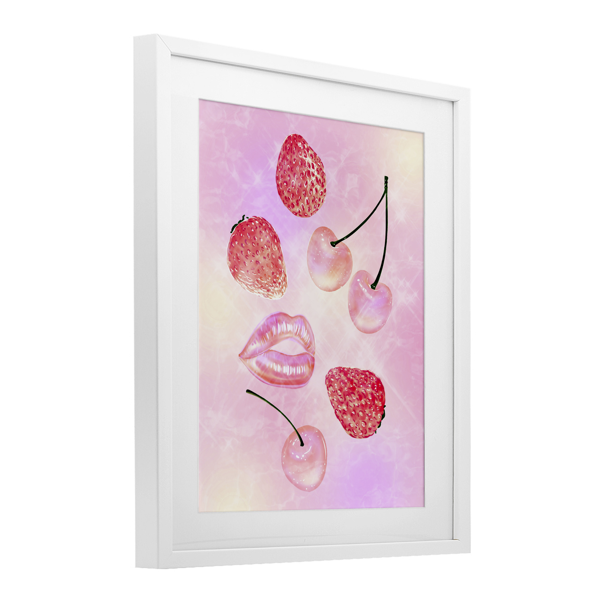 Pink Fruits and Kisses White Framed Print Under Glass, design by Ziwei Li