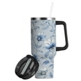 thumbnail image 2 of 30oz insulated car cup with handle and straw suitable for all ages Stainless steel vacuum insulated cup. Exquisite Blue Peony Design, 2 of 10