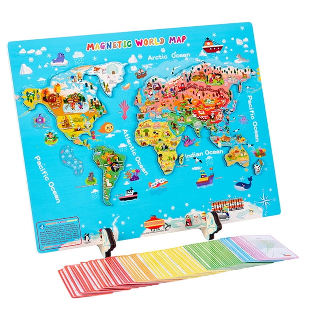 Rompecabezas Magnéticos Del Mapa Del Mundo Para Niños, Rompecabezas De Madera Con Tarjetas Flash De Países Y Banderas Nacionales, Juguetes De Aprendizaje De Introducción Eigraketly FN006367-00
