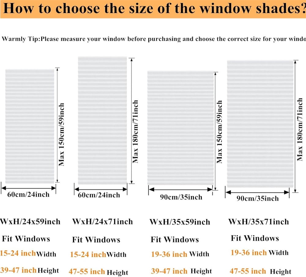 NOGIS 2Pcs Temporary Window Blinds, Pleated Window Shades Cordless Fabric Shades Light Filtering Fabric Blinds for Windows,Easy to Cut and Install - 35.4*70.8inch
