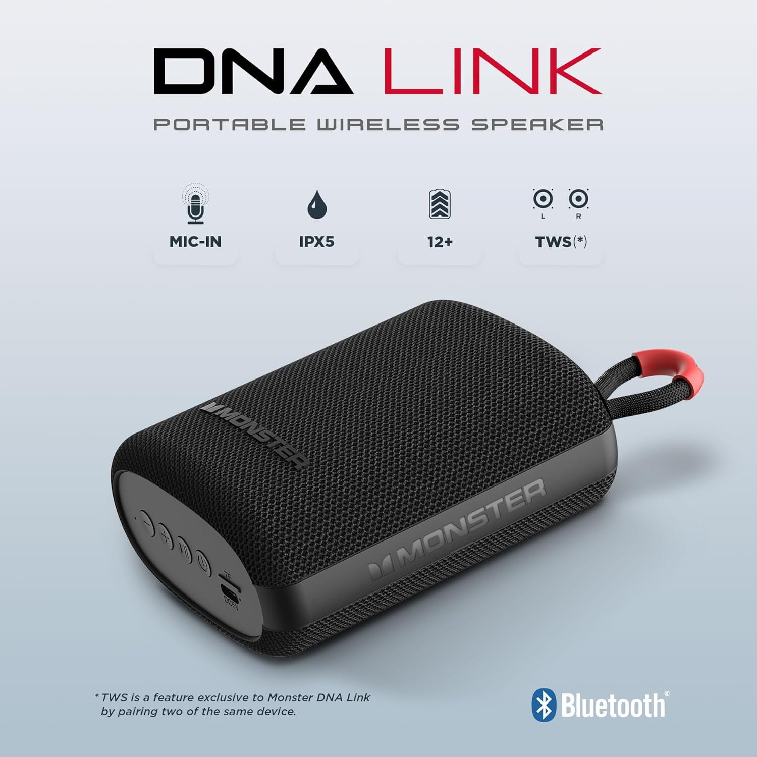 Monster DNA Link Portable Bluetooth Speaker, IPX5 Water-Resistant, 12-Hour Playtime, Stereo Pairing, Built-In Speakerphone for Outdoor