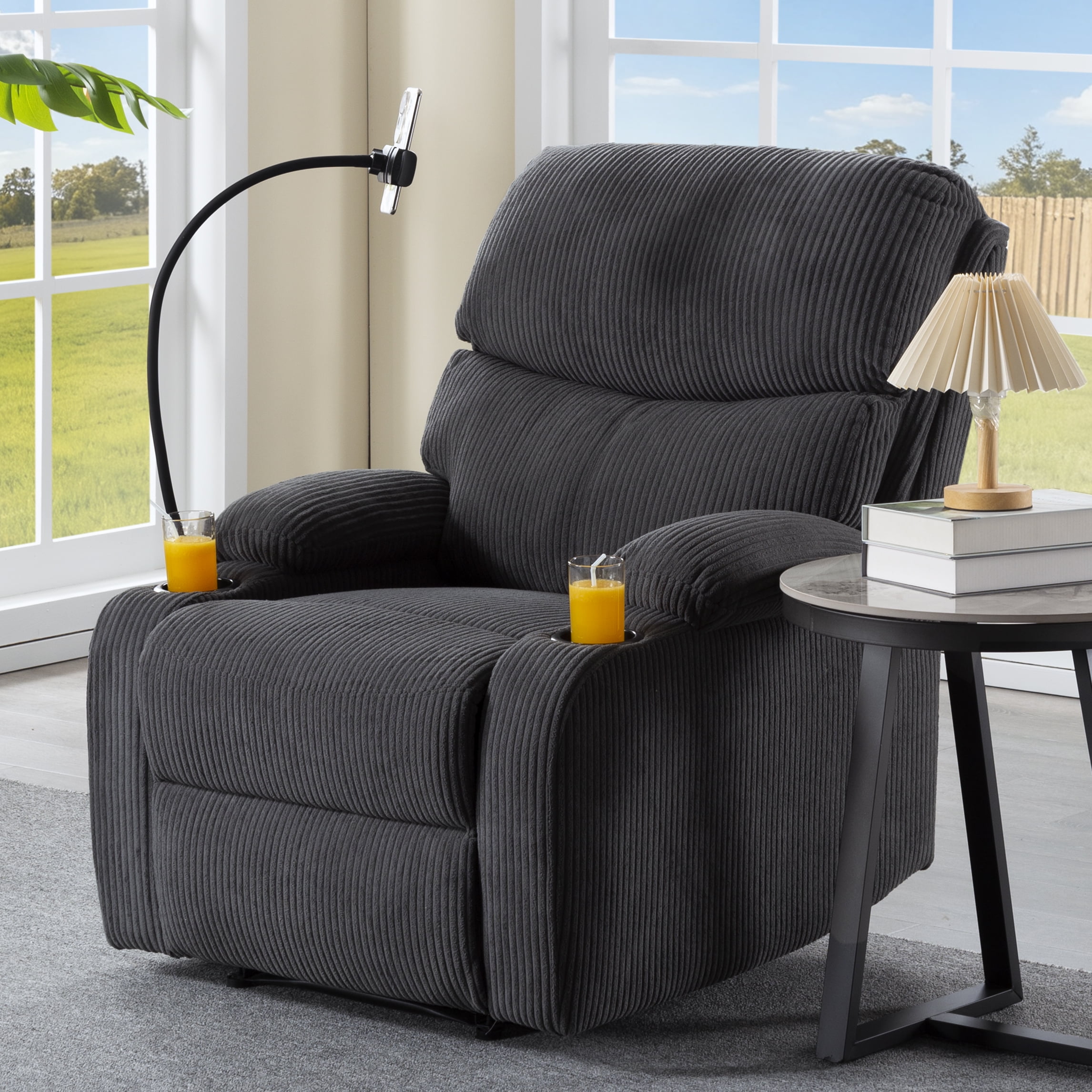 BSHTI Manual Recliner Chair with Phone Holder & Cup Holders, Corduroy Upholstery, Ergonomic Backrest, Solid Wood Frame for Living Room & Bedroom(Dark Gray)