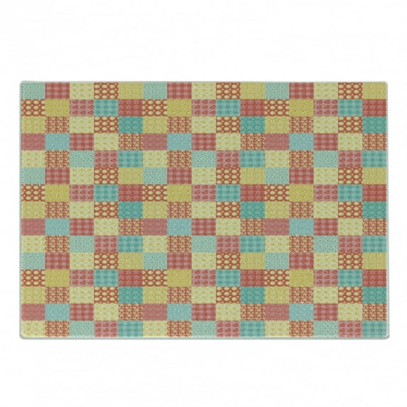 Abstract Cutting Board, Patchwork Style Ornamental Hearts Flowers Dots Stripes Kitchen Design, Decorative Tempered Glass Cutting and Serving Board, Small Size, Coral Yellow Mint Green, by Ambesonne