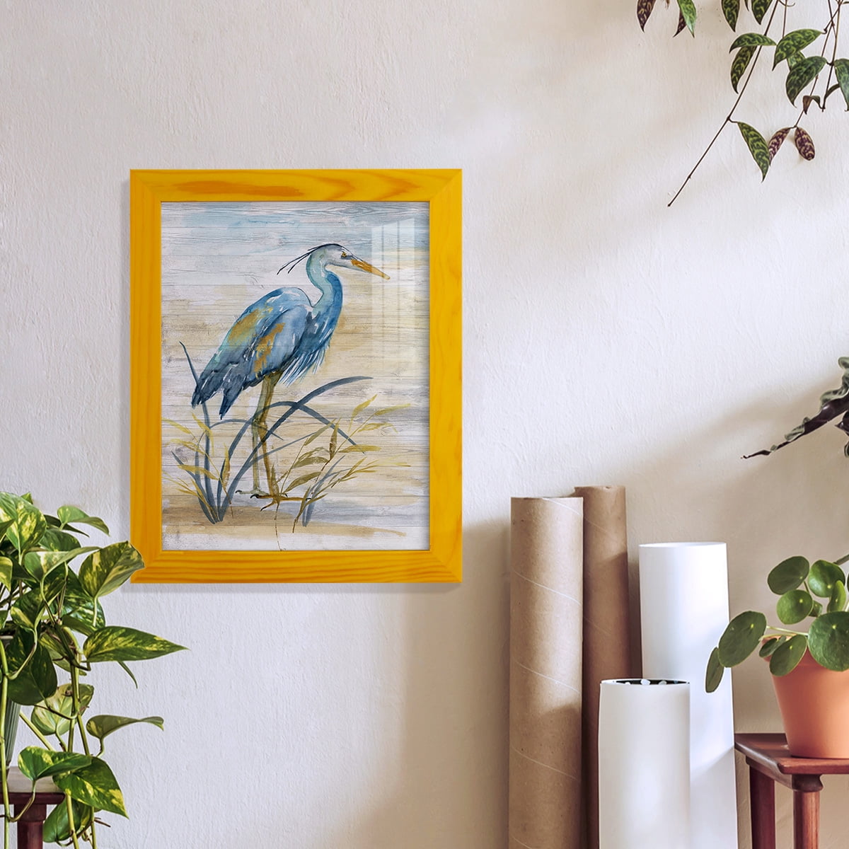 Blue Heron I -Framed Print w/glass-Sunflower Yellow