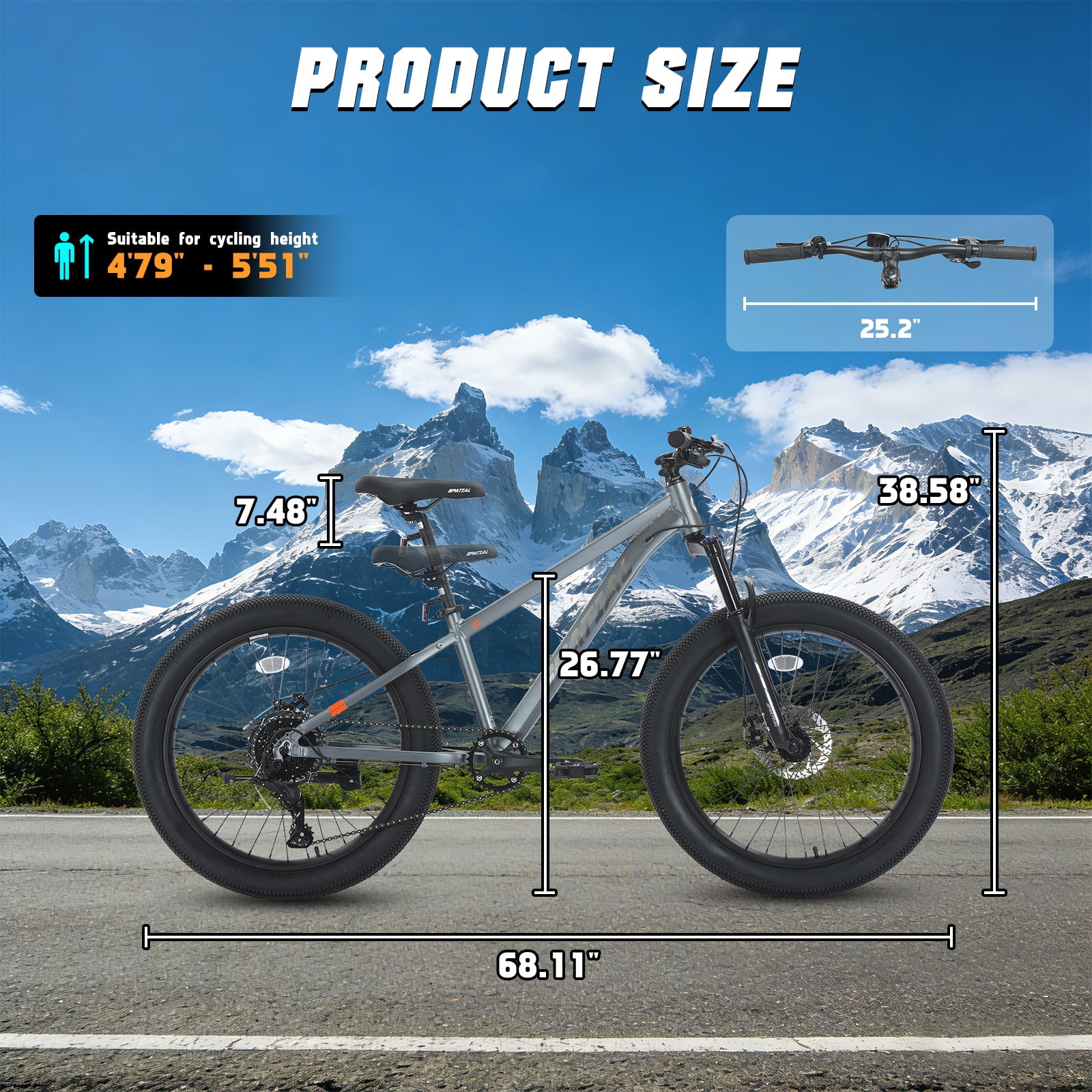 SPATIAL Pro Mountain Bike, 24 Inch Fat Bike for Man Women Teen, Outdoor Cycling Bicycle with 3.0-Inch Wide Tires, 8 Speed Drivetrain