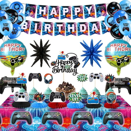 Video Game Happy PriNst Birthday Decorations - Game Party Decorations with Banner, Honeycomb Table Centerpieces, Tablecloth, Cake Toppers, Video Game Balloons for Boys Birthday Gamer Party