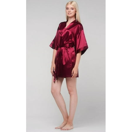 Kimono robes for Women Satin Silk lingerie robe  Short V-Neck For Female Sleepwear Loungewear bridal party bridesmaid wedding - Wine Red - Large