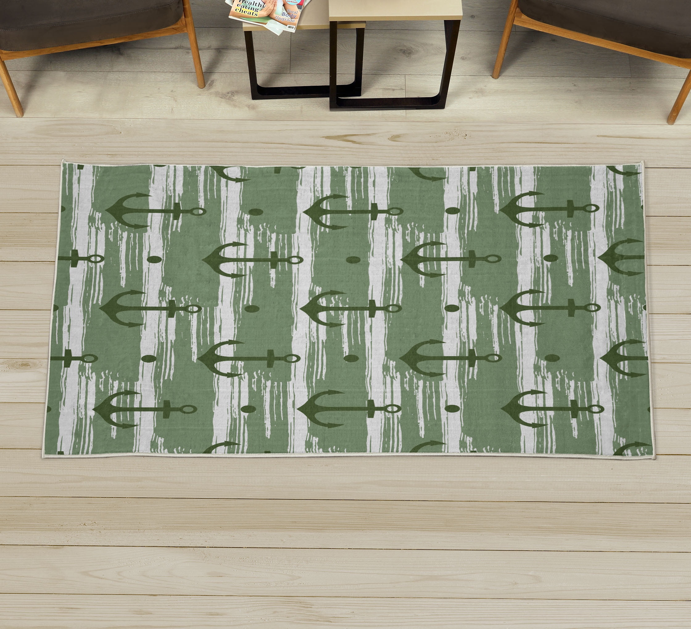 Marine Decorative Rug, Anchors and Skulls Crossed Bones Dots Pirate