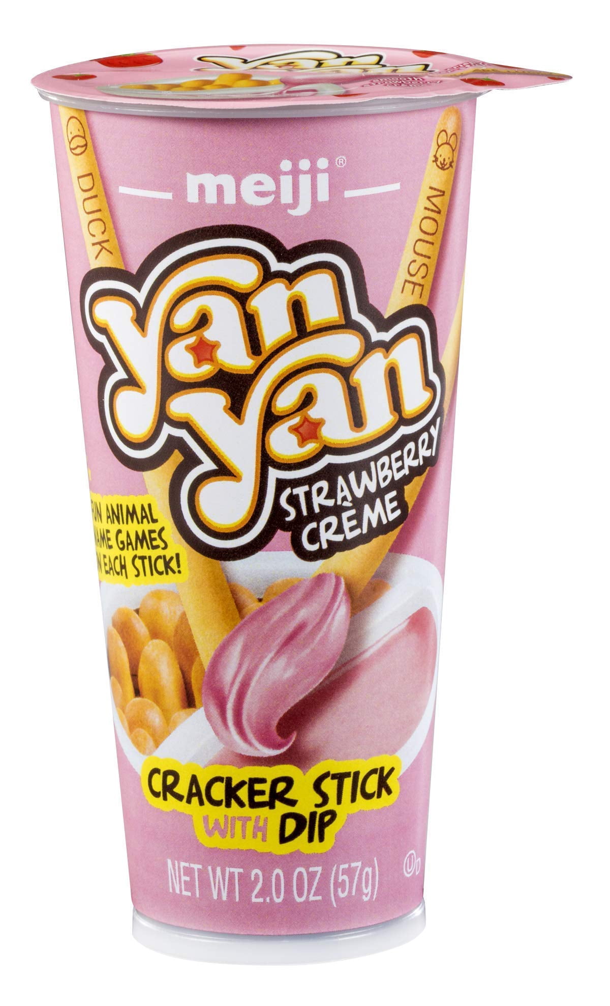 Meiji Yan Yan Dipping CM31&nbsp;Sticks, Strawberry Crème - 2 oz, Pack of 10 - Cracker Sticks with Fun Animals Phrases