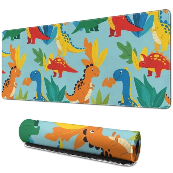 Long Mouse Pads for Desk,Colorful Dinosaur Pattern with Leaves Desk Mats on Top Of Desks, Desk Mouse Pad Extra Large with 3mm Non-Slip Base and Stitched Edge for Gaming,Office,Work,Home 31.5"x11.8"