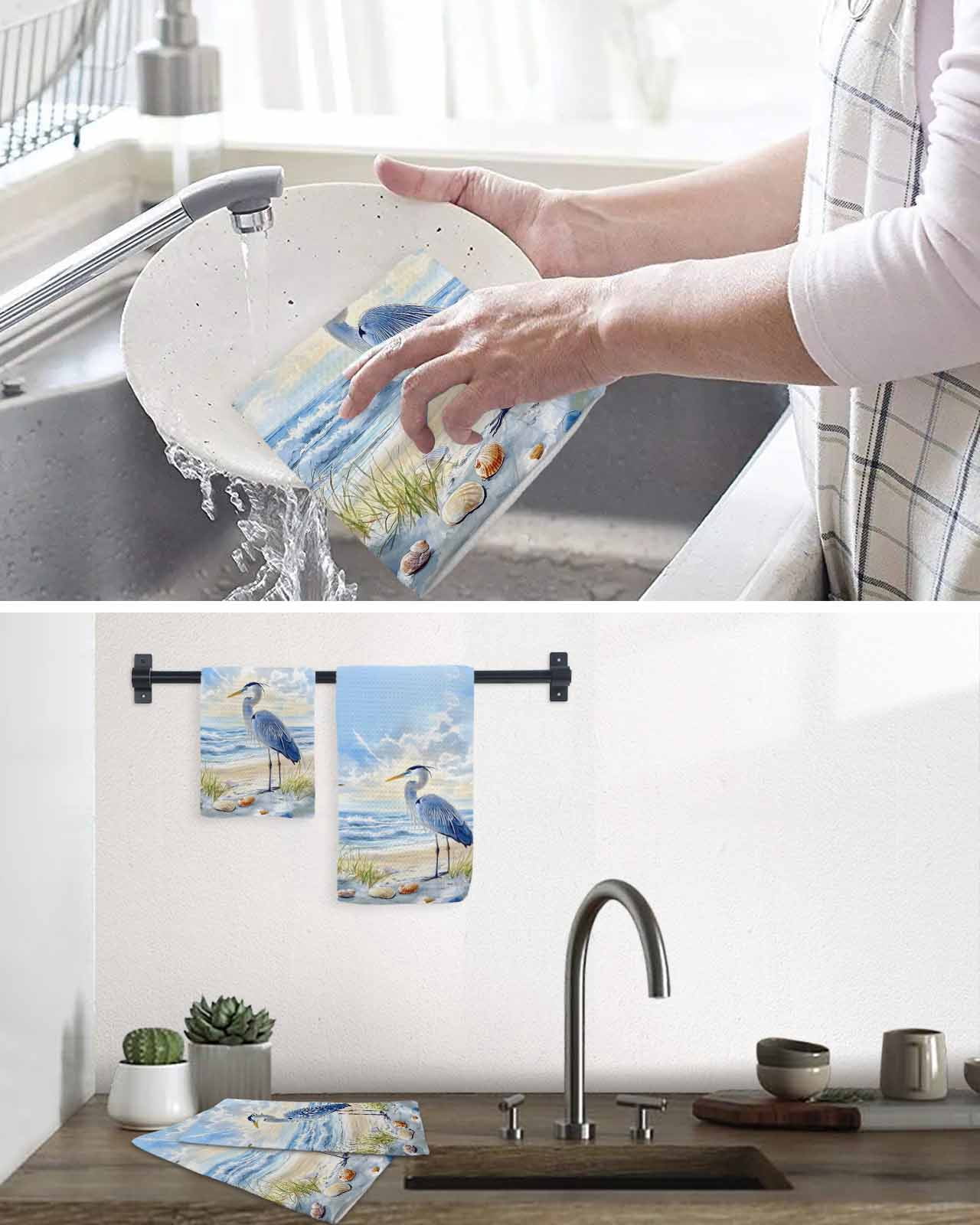 Coastal Birds Kitchen Dish Towels for Drying Dishes Set of 2, Blue Sky Heron Seabird Tropical Beach Waffle Weave Microfiber Terry Hand Tea Bathroom Towels Quick Dry & Absorbent Towel 15.7x23.6