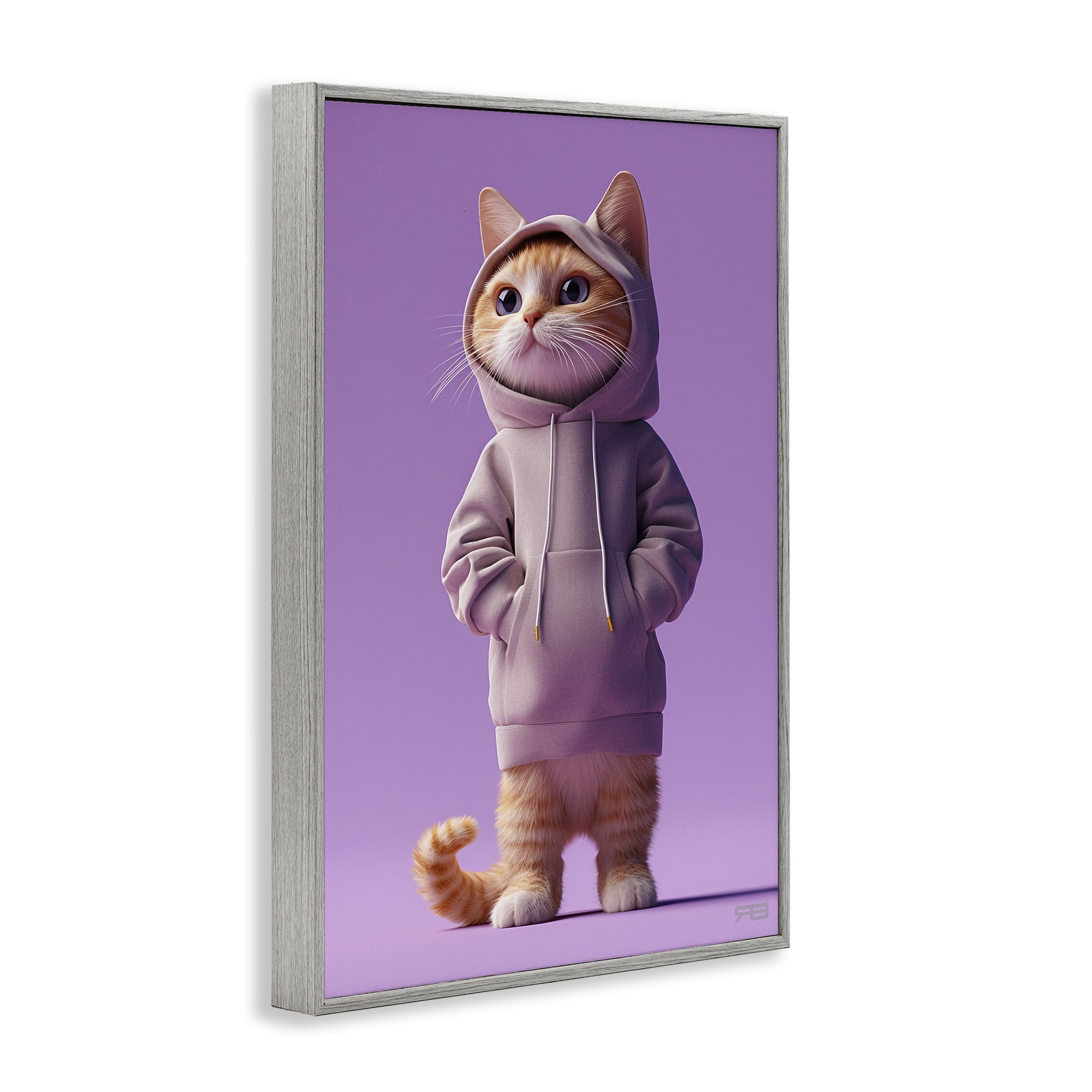 Stupell Industries Trendy Cat in Purple Animals & Insects Painting Gray Framed Art Print Wall Art, 20 x 30