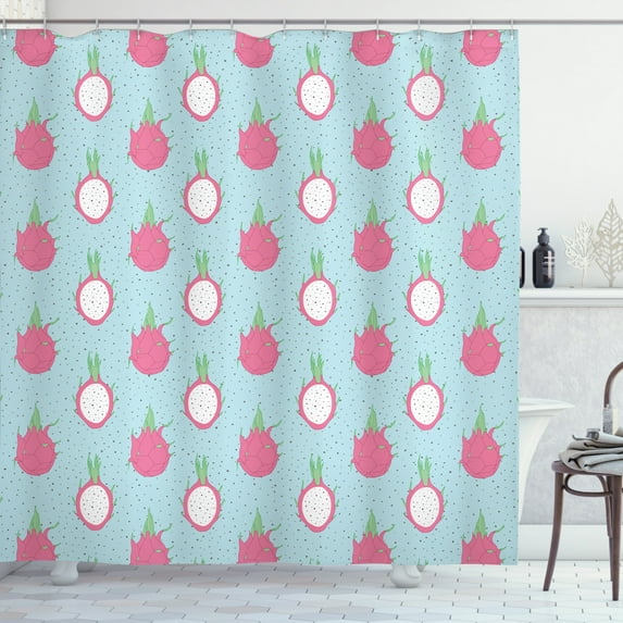 Fruits Shower Curtain, Hand Drawn Like Sketch of Exotic Dragon Fruit on Dotted Backdrop, Fabric Bathroom Set with Hooks, 69W X 84L Inches Extra Long, Pale Blue and Pastel Pink, by Ambesonne