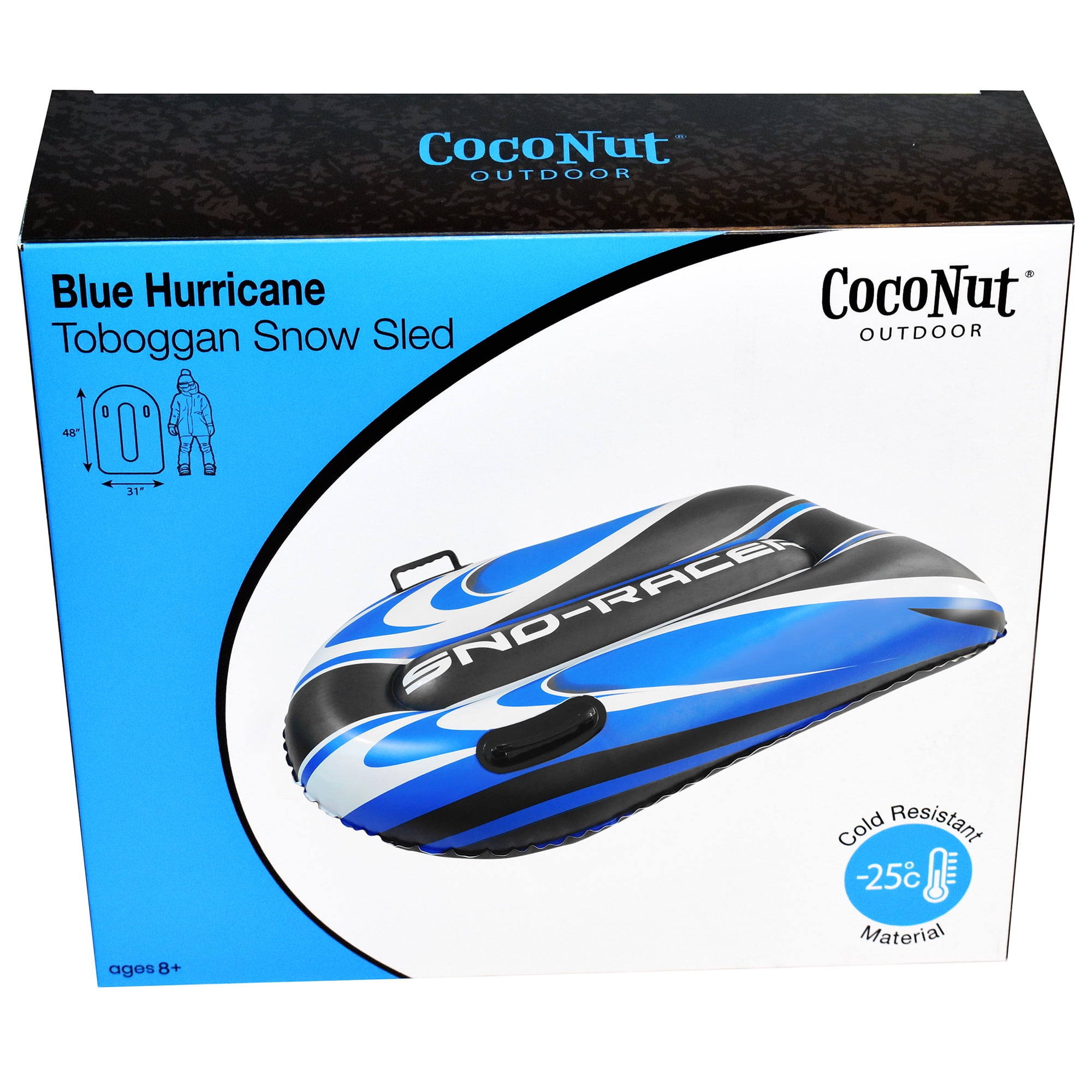 CocoNut Outdoor: Blue Hurricane Toboggan Snow Sled - 48x31" Blue-Black-White, Winter Inflatable, Cold Resistant PVC, 200lb Cap, Kids-Teens-Adults 8+