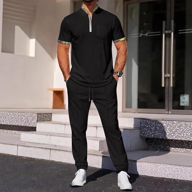 Mode Décontractée pour Hommes, Pantalon à Manches Courtes, Col Rabattu, Ensemble Deux Pièces, Taille Élastique