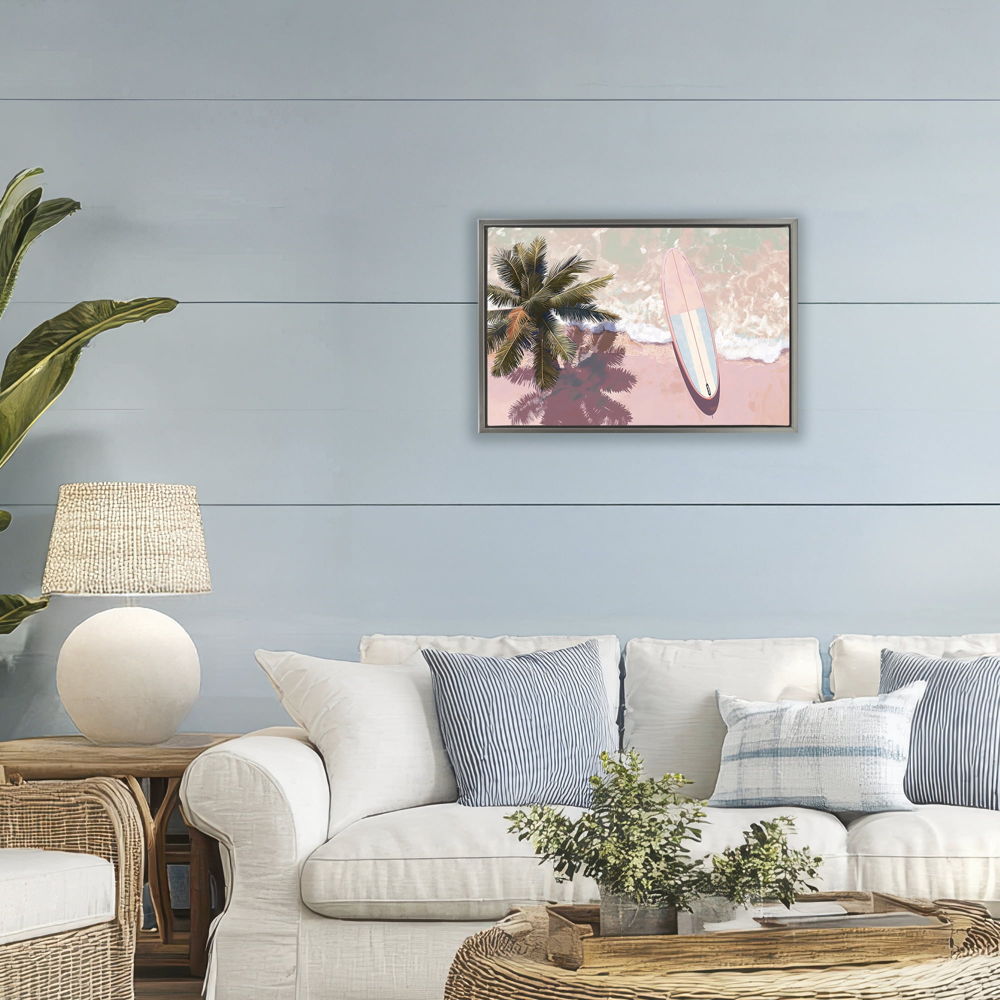 Stupell Industries Blush Pink Surfboard & Palm Gray Framed Floater Canvas Wall Art, design by Jacky Ngan