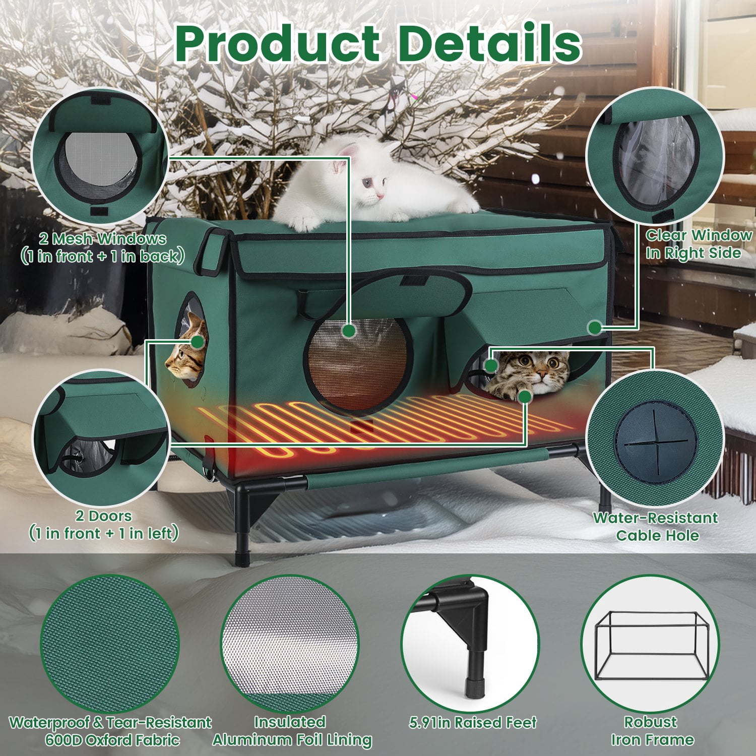 Waterproof Heated Cat House Outdoor Weatherproof Insulated Kitty Shelter with Heating Pad Anti-Chew Cord 2 Doors 3 Windows for Indoors Outdoors Winter Summer
