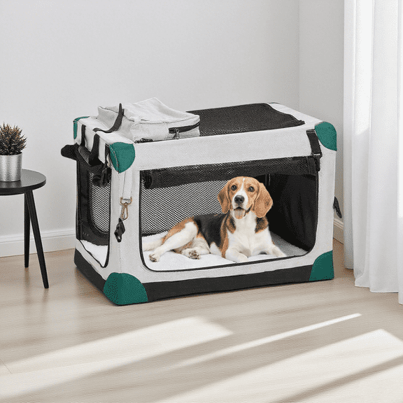 Nomipaw 26 Inch Portable Dog Crate Soft Collapsible,3-Door Travel Pet Crate for Small/Medium Dogs Indoor & Outdoor with Durable Mesh Windows & Storage Bag,Gray