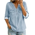 thumbnail image 2 of Kadlawus Long Sleeve Loose V Neck Denim Button Down Shirt Women Fall Casual Basic Pullover Tops Soft Stretchy Comfort Commute Travel Home Daily Wear, Light Blue 2XL, 2 of 7
