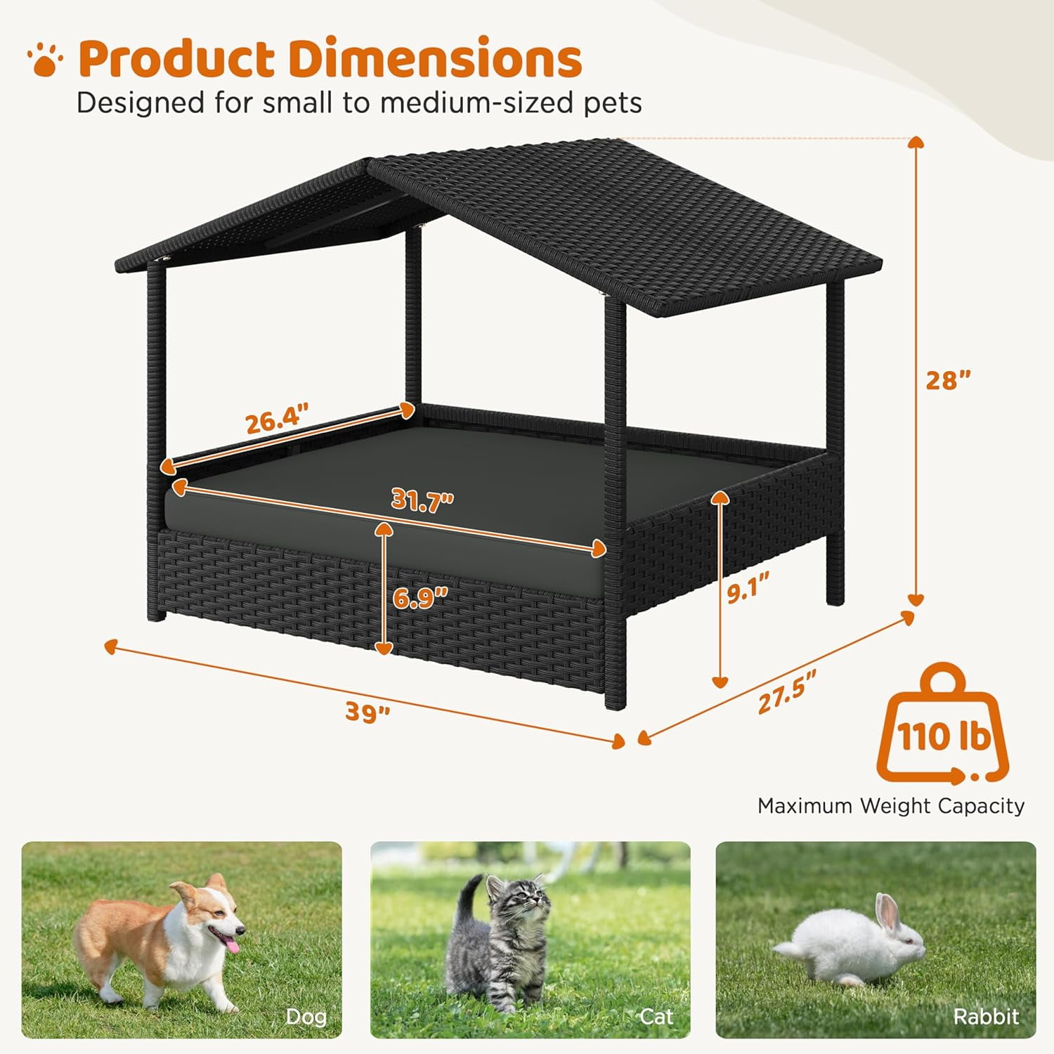Wicker Dog House Outdoor Indoor with Canopy, Elevated Dog Shelter Dog Bed with Cushion for Small/Medium Dogs, Shade for Deck, Patio, Yard, Pool, Black House, Gray Cushion