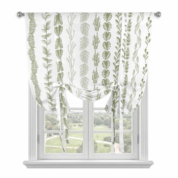Sage Green Botanical Tie Up Curtains 45 Inches Long, Kitchen Window Curtains Over Sink, Modern Farmhouse Tropical Leaves Small Window Curtains Shade Balloon Curtains Valances for Bedroom/Cafe 34"x45"