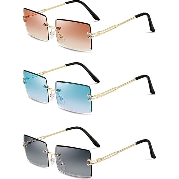 3 Pairs Rimless Rectangle Sunglasses Tinted Frameless Eyewear Vintage Transparent Rectangle Y2K Glasses for Women Men
