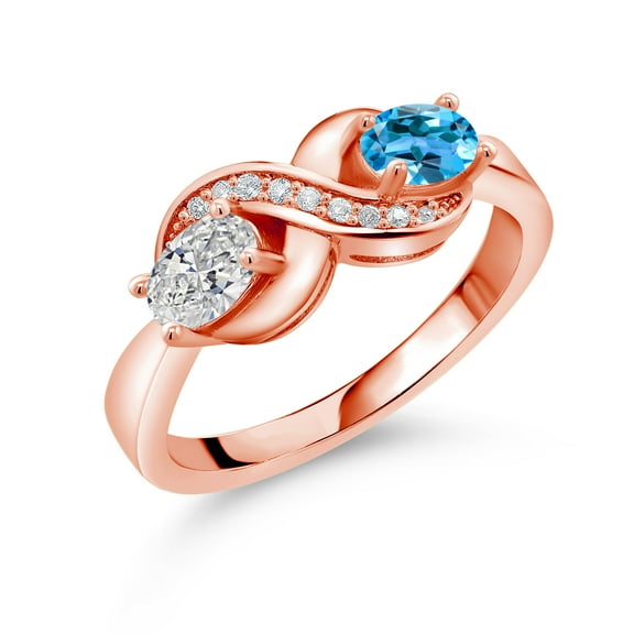 Gem Stone King 18K Rose Gold Plated Silver Lab Grown Diamond and Swiss Blue Topaz and White Created Sapphire Infinity Promise Ring for Women | 1.04 Cttw | Oval 6X4MM | Gemstone Birthstone | Size 5