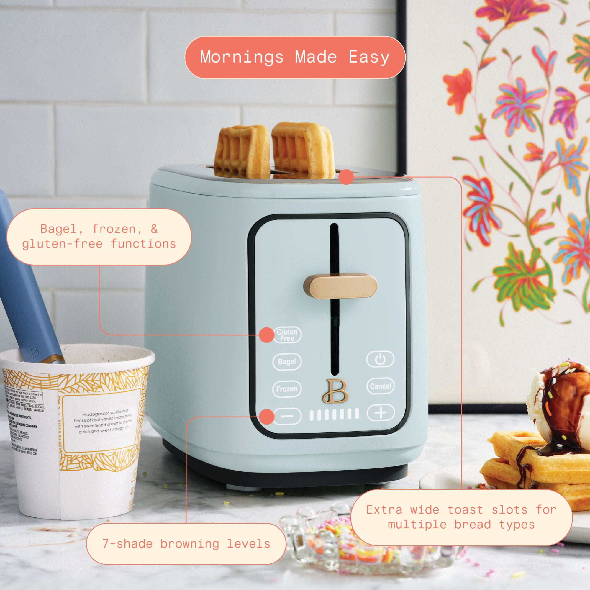 Beautiful 2 Slice Toaster with Touch-Activated Display, Hydrangea by Drew Barrymore