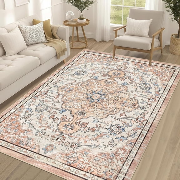 Findosom 5'x7' Vintage Area Rug for Living Room, Machine Washable Rugs Non Slip Distressed Indoor Rug,Large Retro Area Rug Floor Carpet for Bedroom Dining Room Entryway Office Decor,Beige