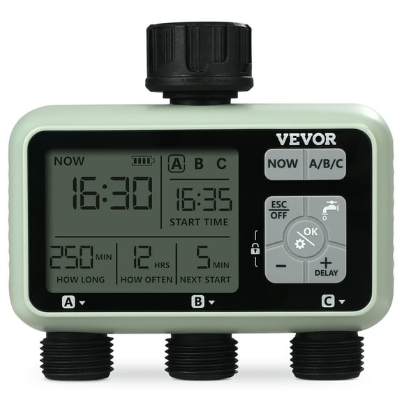 VEVOR Water Timer, 3 Outlets, Hose Watering Sprinkler Timer, with 3 Independent Watering Zone LCD Display Rain Delay Mode Manual Mode 360° Brass Inlet Metal Filter, IPX6 Waterproof for Yard Watering